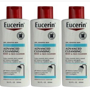 Set Of 3 Eucerin Advanced Cleansing Body & Face Cleanser Fragrance. Soap Free